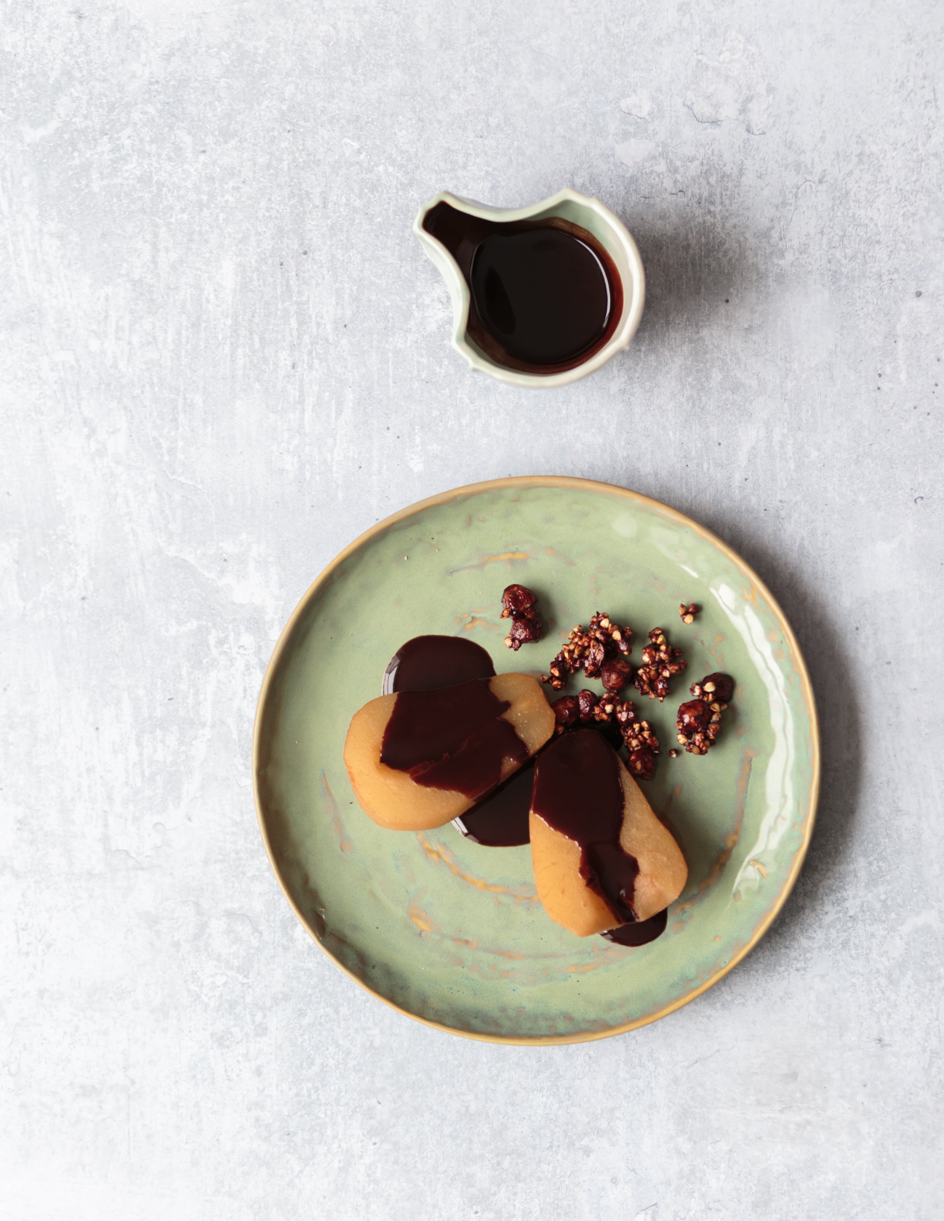 Hibiscus Poached Pears, Chocolate Sauce & Cacao Crumble